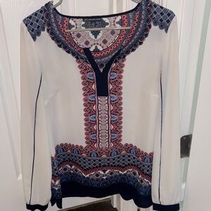 Adrianna Papell Navy, White & Red Patterned V-Neck Blouse